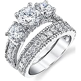 Metal Masters 3.4 Carats Sterling Silver Past Present Future 2-Pc Bridal Set Cubic Zirconia Engagement Wedding Ring Band