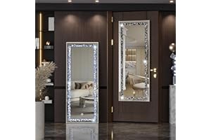 Hasipu 47" x 18" Full Length Mirror with Lights and Crystal Crush Diamond, Over The Door Hanging Mirror, Full Body Mirror Leaning for Living Room Bedroom Long Dressing Mirror Black