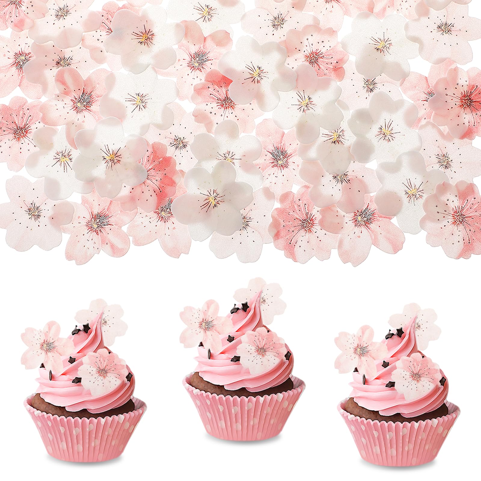 Photo 1 of 50 Pcs Edible Cherry Blossoms Cupcake Toppers Edible Cherry Blossom Flowers Cake Decorations Rice Paper Cake Flowers Wafer Paper Flower Cakes Topper for Birthday Party Food Decorations Supplies