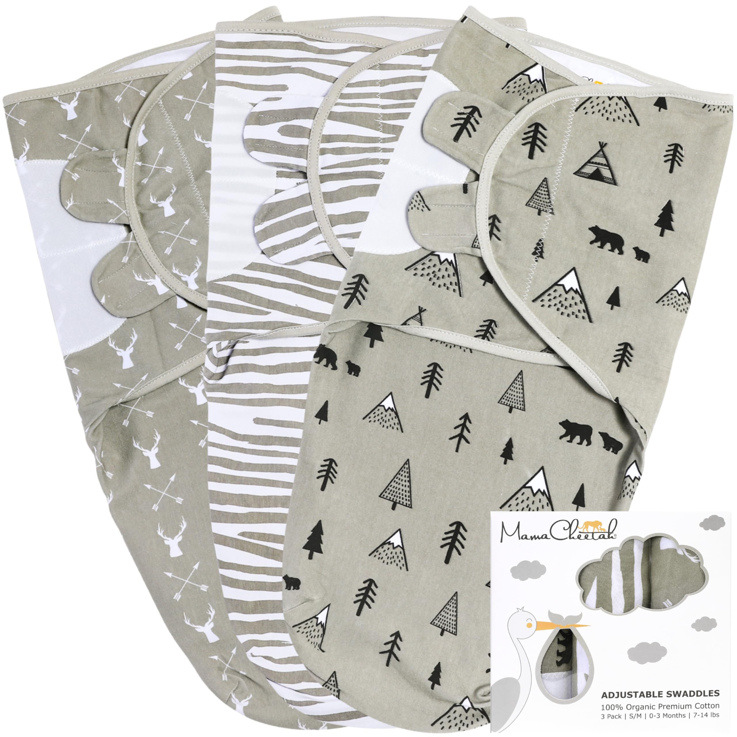 Mama Cheetah Baby Swaddle Sack, Organic Swaddle Blanket, Newborn Swaddling Sleep Sacks, Adjustable Blanket Wrap, Easy Swaddles for Boy Girl 0-3 Month, Baby Essentials, 3-Pack
