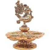 Metal Punchmukhi Diya Peacock Design Deepak Oil Lamp with Bell Oxidized White Gold Plated Puja Indian Traditional Housewarming Festival New year Gifts Pooja Items for Decor(Size:-4.5")(Golden)