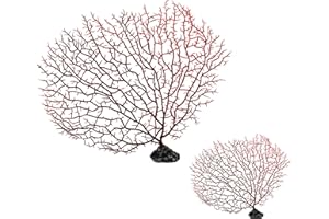 Zorfeter 2Pcs Red Sea Fan Coral Decorations, Faux Coral Decor for Aquarium Ornament Landscape Fish Tank(11.8in+6.7in)
