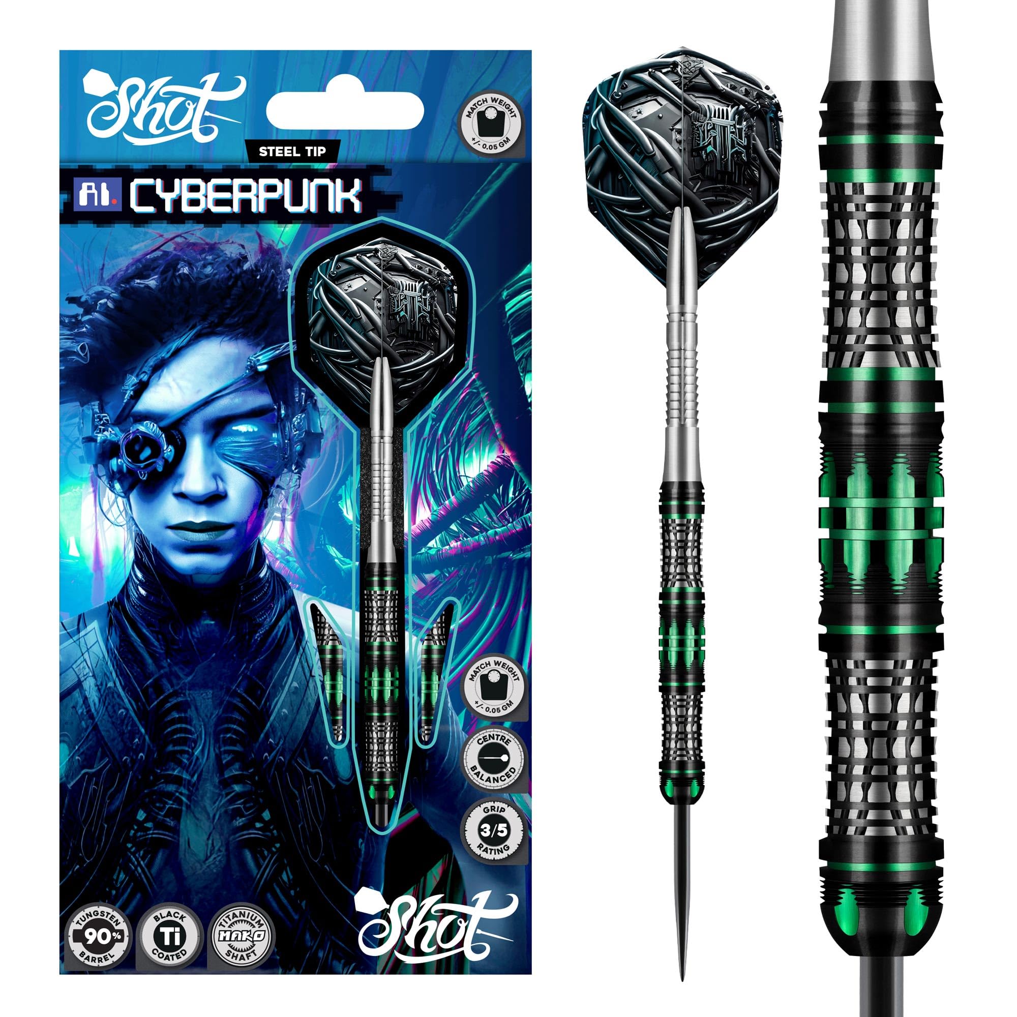 Shot! AI Cyberpunk Steel Tip Dart Set 90% Tungsten Barrels, Centre Weighted professional darts for bristle dartboard