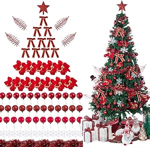 Sunnyglade 94 PCS Christmas Tree Ornaments Set with Glitter Poinsettia, Bows, Ribbons, Leaves & Assorted Decoration Ball for Xmas Tree Holiday Wedding Party Decorations (Red)