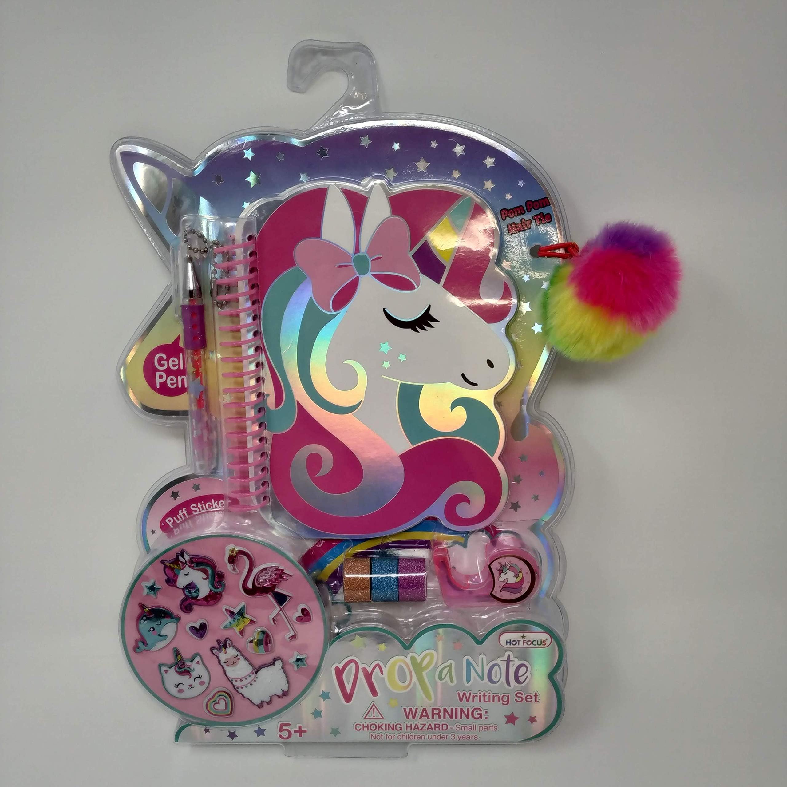 Hot Focus Drop a Note Writing Set, Unicorn. Pom Pom Hair Tie, Unicorn Mini Journal, Gel Pen, Puff Stickers, Glitter Decorative Tape, Tape Dispenser. Best Back to School Item for Kids/Girls/Tween