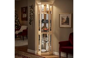 CKEASEAN 70" H Curio Corner Cabinet, Lighted Glass Display Cabinet with Adjustable Shelve, Tempered Glass Door, Bulb Inclued, Wooden China Cabinet for Living Room (Light Oak, 15.3" L 15.3" W 70" H)