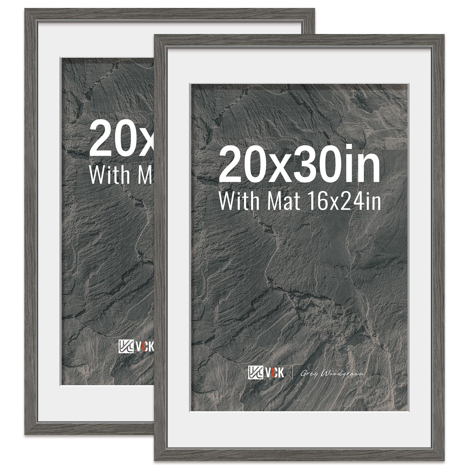 VCK 20x30 Poster Frame 2 Pack - Grey, High-End Wood Picture Frames with Polished Plexiglass, Display 16x24 Photo with Mat or 20x30 without Mat, Art Gallery-Quality, Wall Hanging, Grey Image