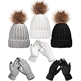 Haysandy 6 Pcs Winter Beanie Hat Gloves Set for Women Warm Knitted Hat Skull Cap with Pom Pom and Touchscreen Glove for Women