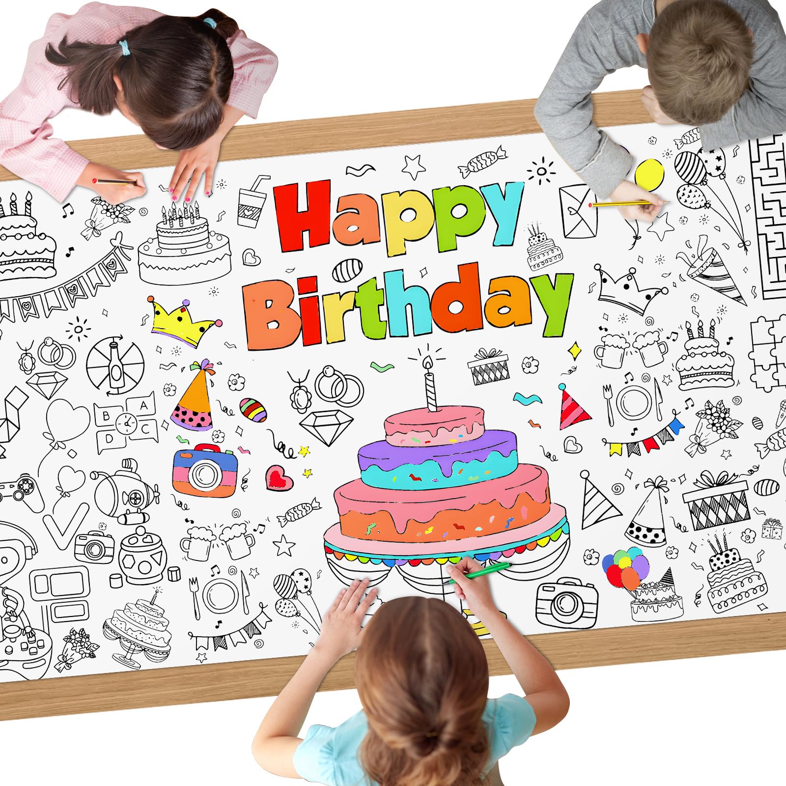 AYESY Birthday Colouring Tablecloth for Kids, 72 x 30 inch Giant Colouring Poster Table Cloth, DIY Party Tablecloth for Kids, Craft Doodle Art Boys Girls Birthday Gift
