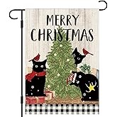 DLZDN Merry Christmas Black Cat Tree Garden Flag 12×18 Inch Double Side Vertical Burlap Farmhouse Yard Sign Winter Holiday Outdoor Decoration