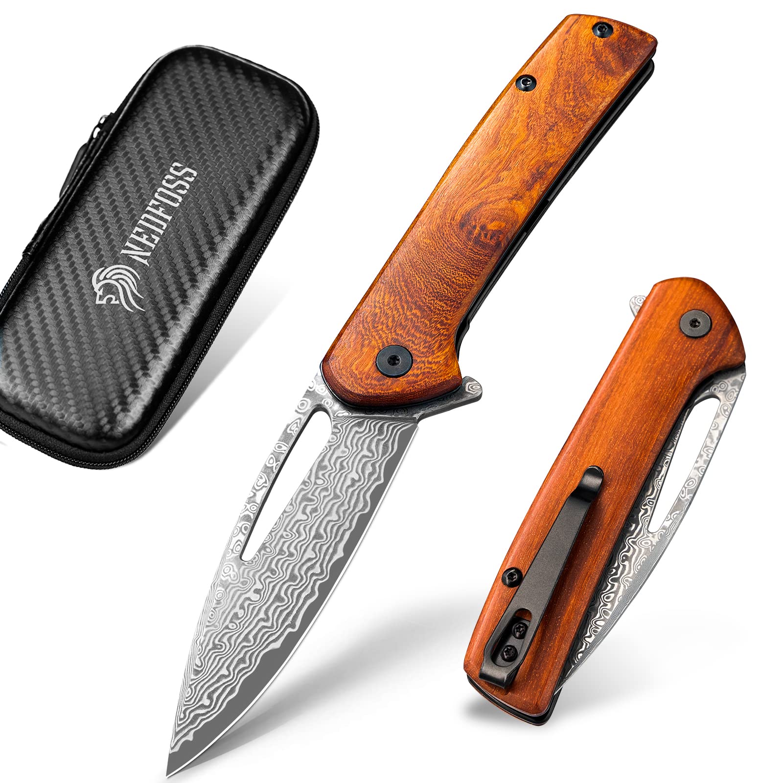 Photo 1 of NedFoss PEGASUS Damascus Steel Pocket Knife, 3.5" Hand-Forged Ladder Pattern Folding Knife w/Rosewood Handle & Deep Carry Clip, Sharp EDC Camping Knives for Collection, Hunting Gift for Men Women