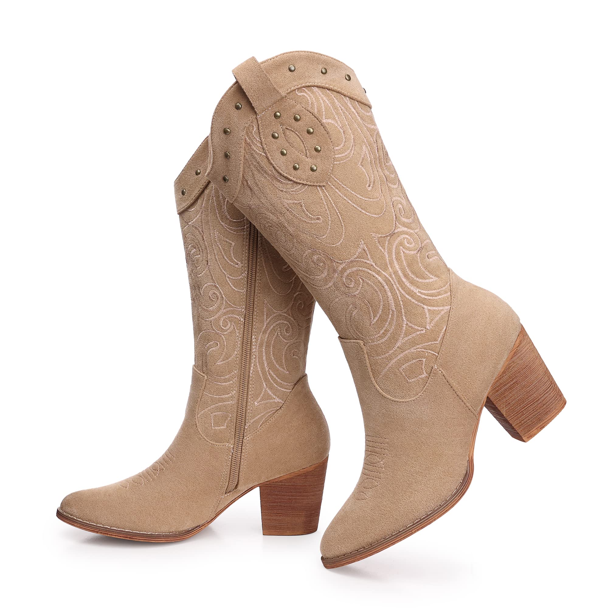 Photo 1 of SHIBEVER Cowboy Cowgirl Boots for Women: Cowboy Boots for Woman Apricot Wide Calf Western Boots Size 8