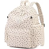 Tanweibago Corduroy Kids Backpack for Boys Girls Backpacks for Primary Elementary Kindergarten 6-10(Flower Beige, Medium (15" H Fit A4 Folder))