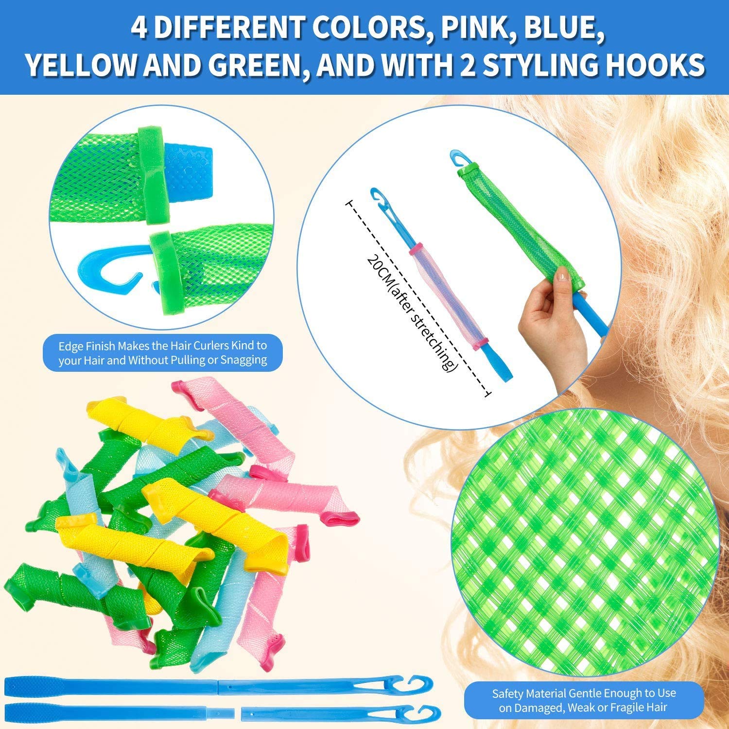 31 Pieces Hair Curlers，Spiral Curls Styling Kit，Heatless Hair Rollers，No Heat Wave Hair Curlers with Styling Hooks & liner wig cap for Most Kinds of Hairstyles (45cm) : Beauty
