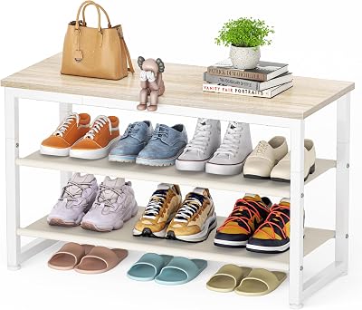 SIMPDIY 3 Tier Shoe Rack Bench White Oak Load 150kg Entryway Hallway