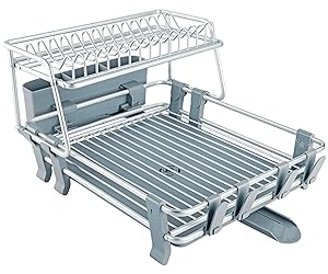 VENETIO ADR-0003 Delux Aluminum Drying Rack 2 Tiers with Removable Dish Drainer Tray 360° Swivel Spout, with Anti-slip Cup Holder for Big Kitchen Counter, 17.7 x 14.2 x 10.24 IN, Gray