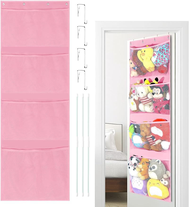 VISATOR Over Door Storage Teddy Hammock Toy Net Pink