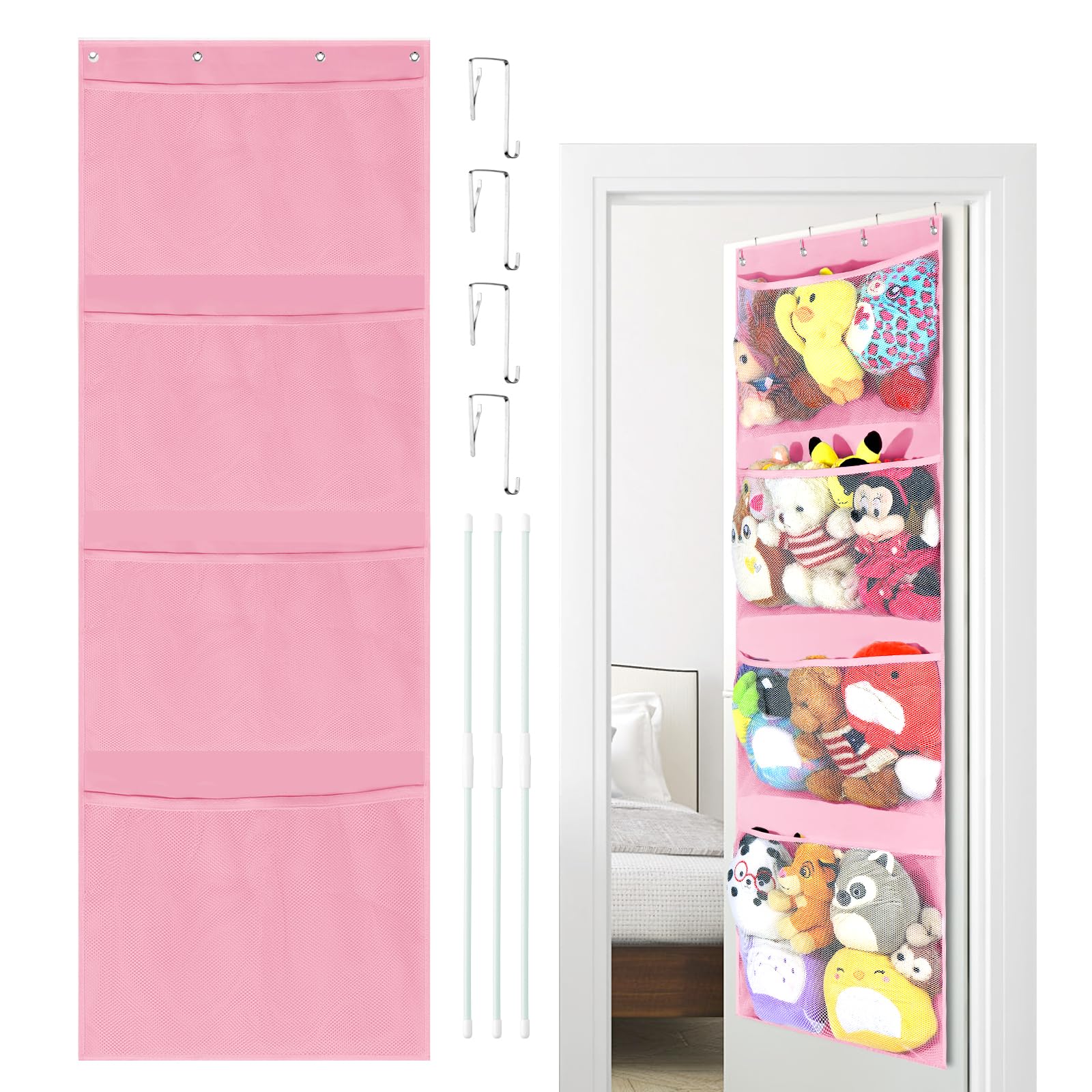 VISATOR Over Door Storage Teddy Hammock Toy Net For Stuffed Animals Hanging Organiser Animal The Kid Room Bedroom Bathroom Nursery, Pink