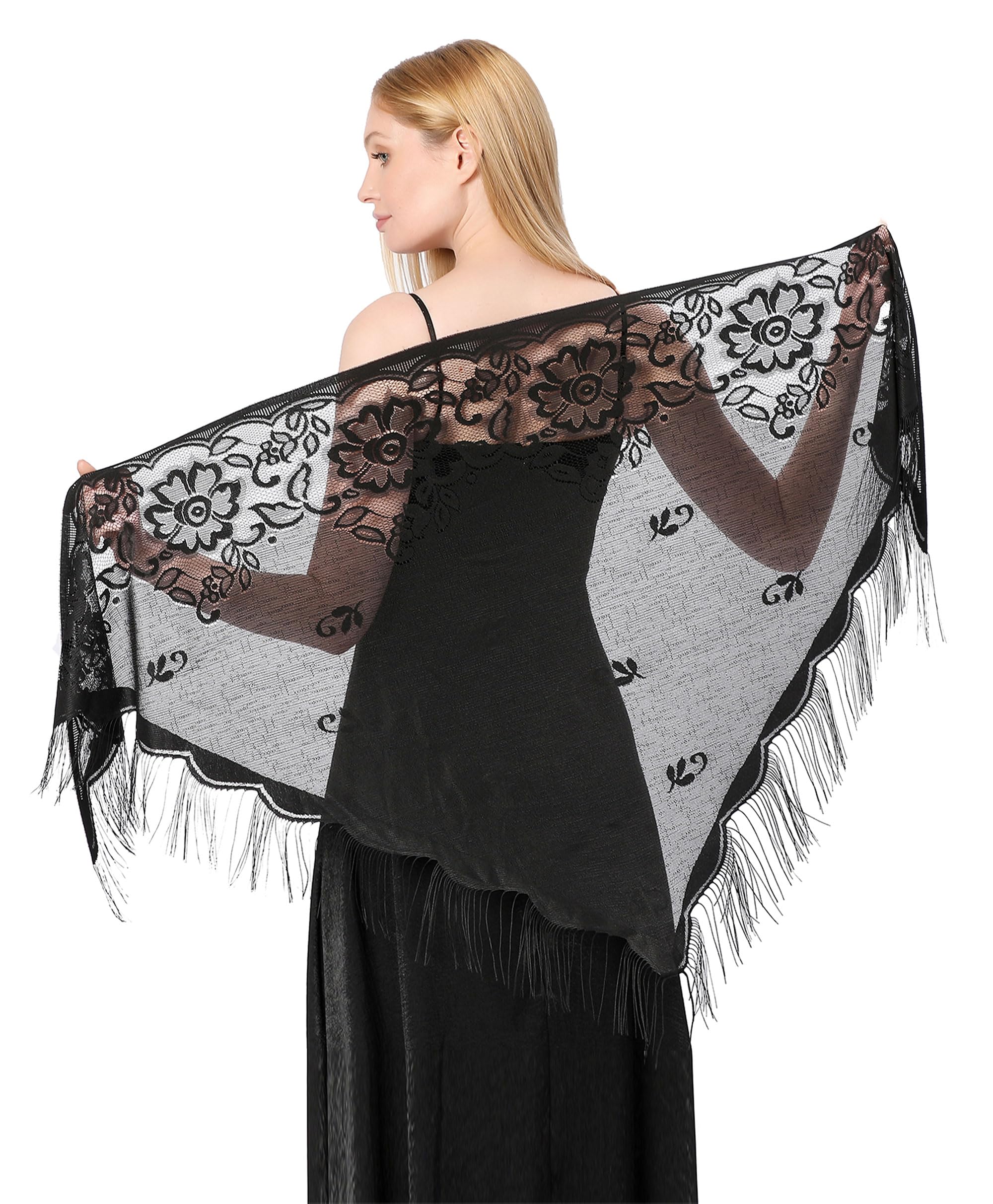 Photo 1 of changyexi Lace Black Shawls and Wraps for Evening Dresses - Formal 1920 Women Wedding Triangle Shawl, Casual Flapper Western shawl, Bridal Elegant Girls Gatsby Cozy Trendy Accessories (black)