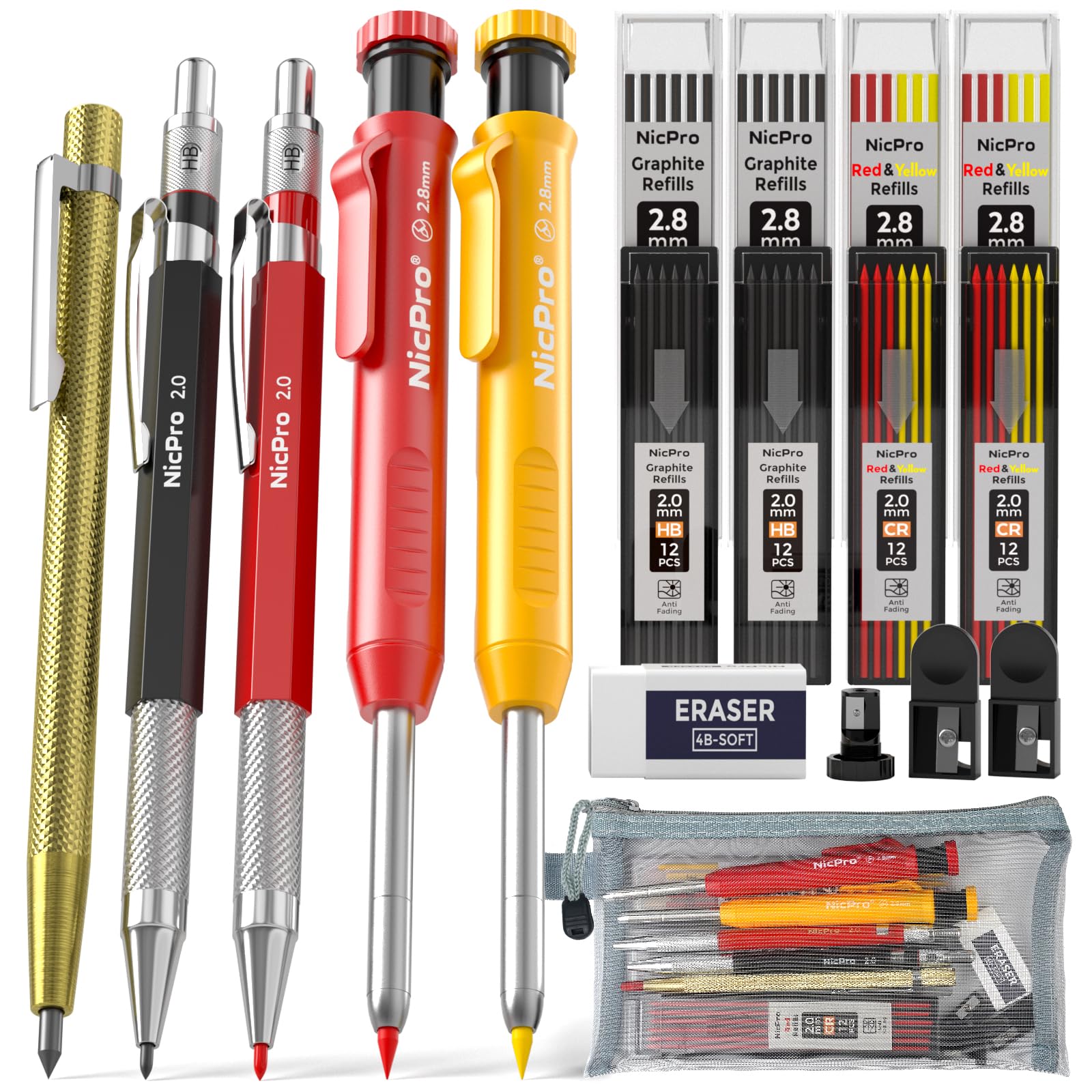 Nicpro 18 Pack Carpenter Pencil Set with Sharpener, Mechanical Carpenter Pencils with 76 Refills and Carbide Scribe Tool, Deep Hole Marker, Heavy Duty Construction Pencil for Architect-With Case
