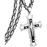 JUNOVUROS Stainless Steel Jesus Christ Cross Pendant Necklace for Men, 20 to 28 In Rolo/Byzantine Chain, 2 Sizes of Religious Jewelry with Silver/Gold/Black