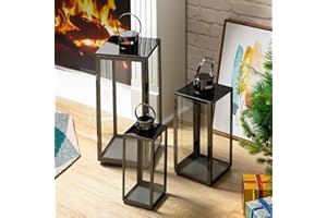 Matico Stainless Decorative Candle Lantern Set of 3, Hanging Decor Hurricane Lantern Candle Holder for Festival Ceremony Home Decor, Both Indoor & Outdoor Use, Black