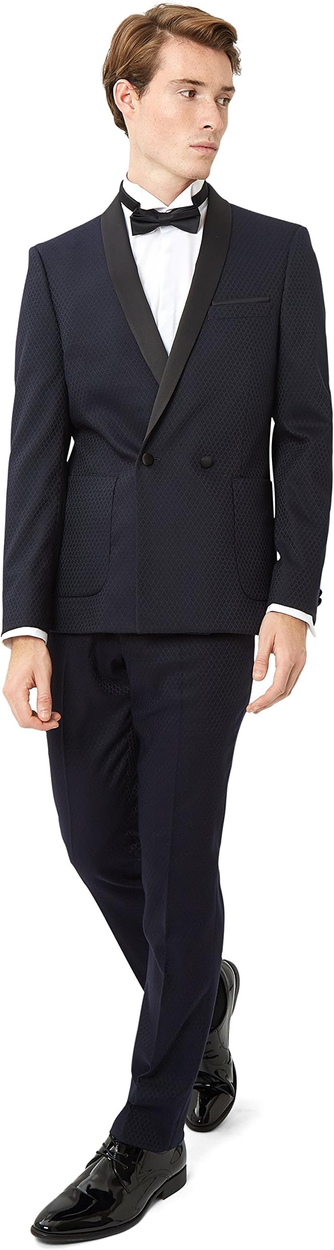 Moss London Men's Skinny Fit Navy Jacquard Double Breasted Tuxedo Suit Jacket