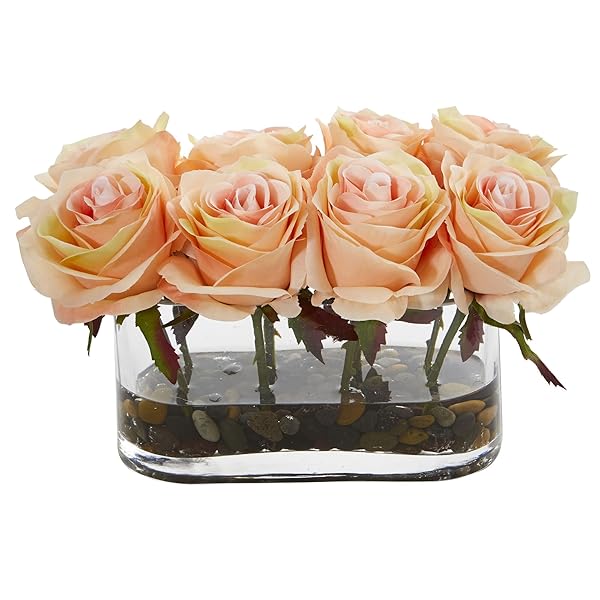 NEARLY NATURAL 1520-PH BLOOMING ROSES IN GLASS VASE,...