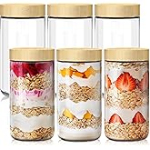 6 pack 24oz Overnight Oats Containers with Bamboo Lids, Glass Jars with Airtight Lids for Meal Prep, Wide Mouth Mason Salad Jars, Glass Food Storage Container for Yogurt Chia Snacks Spice Sugar