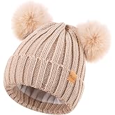 Women's Winter Warm Knit Beanie with Faux Fur Pom Skull Cap Cozy Fleece Lined Hat for Women