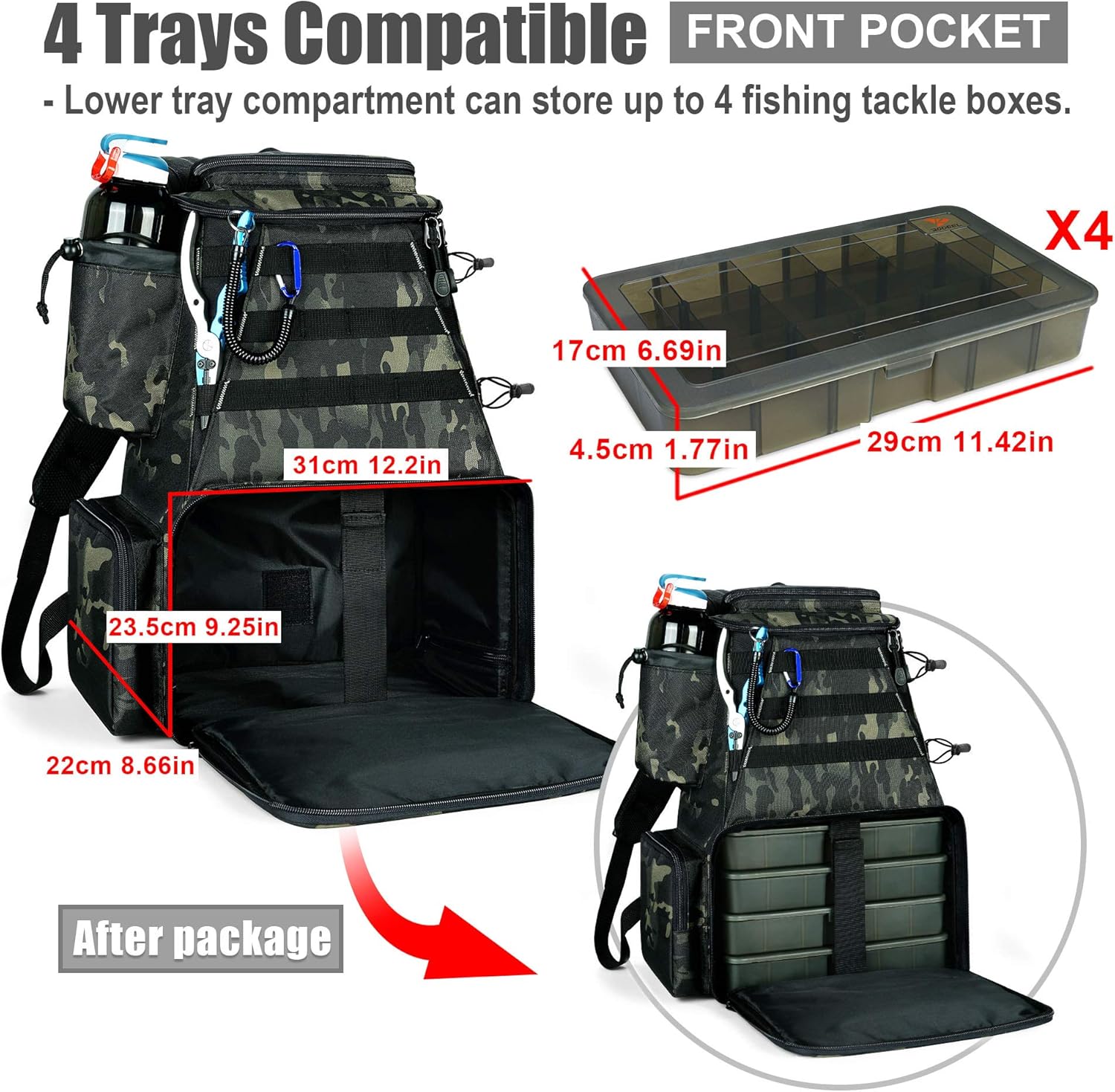 Rodeel Fishing Tackle Backpack with 4 Tackle Tray, 4 Fishing Rod Holders, Large Storage, Backpack for Trout Fishing Outdoor Sports Camping Hiking : Sports & Outdoors
