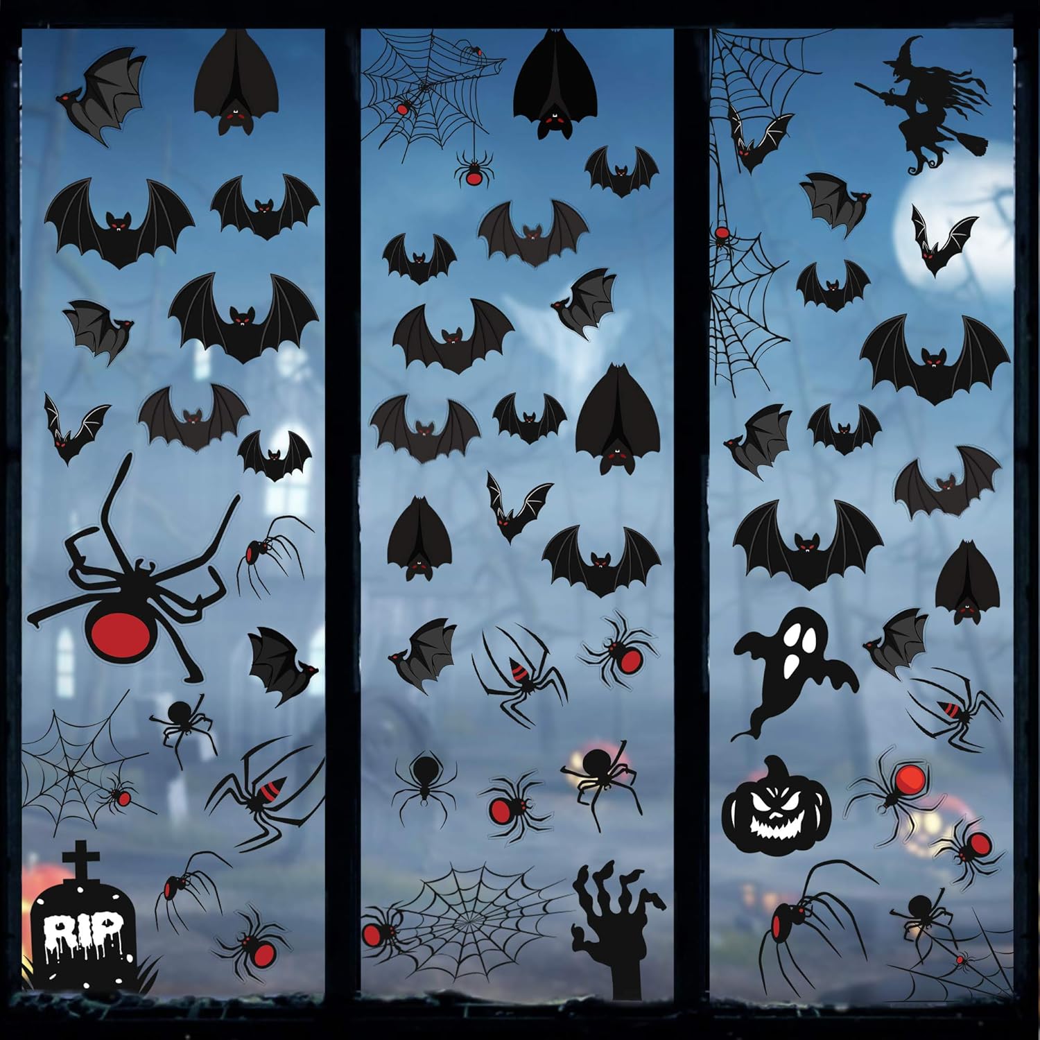 Tifeson Halloween Decorations Window Clings Decals - Large Scary Spider Bat Ghost Window Stickers Decorations for Kids School Home Office Decor, 8 Sheet 108Pcs
