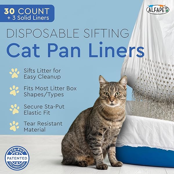 ALFAPET SIFTING CAT LITTER BOX LINERS – JUMBO 30 COUNT, PACK OF 5 – TEAR-RESISTANT CAT LITTER BAGS, WATERPROOF KITTY LITTER LINERS, FITS LITTERBOX PAN SIZES X-LARGE, X-GIANT, 37″ X 18″ 30 LB CAPACITY