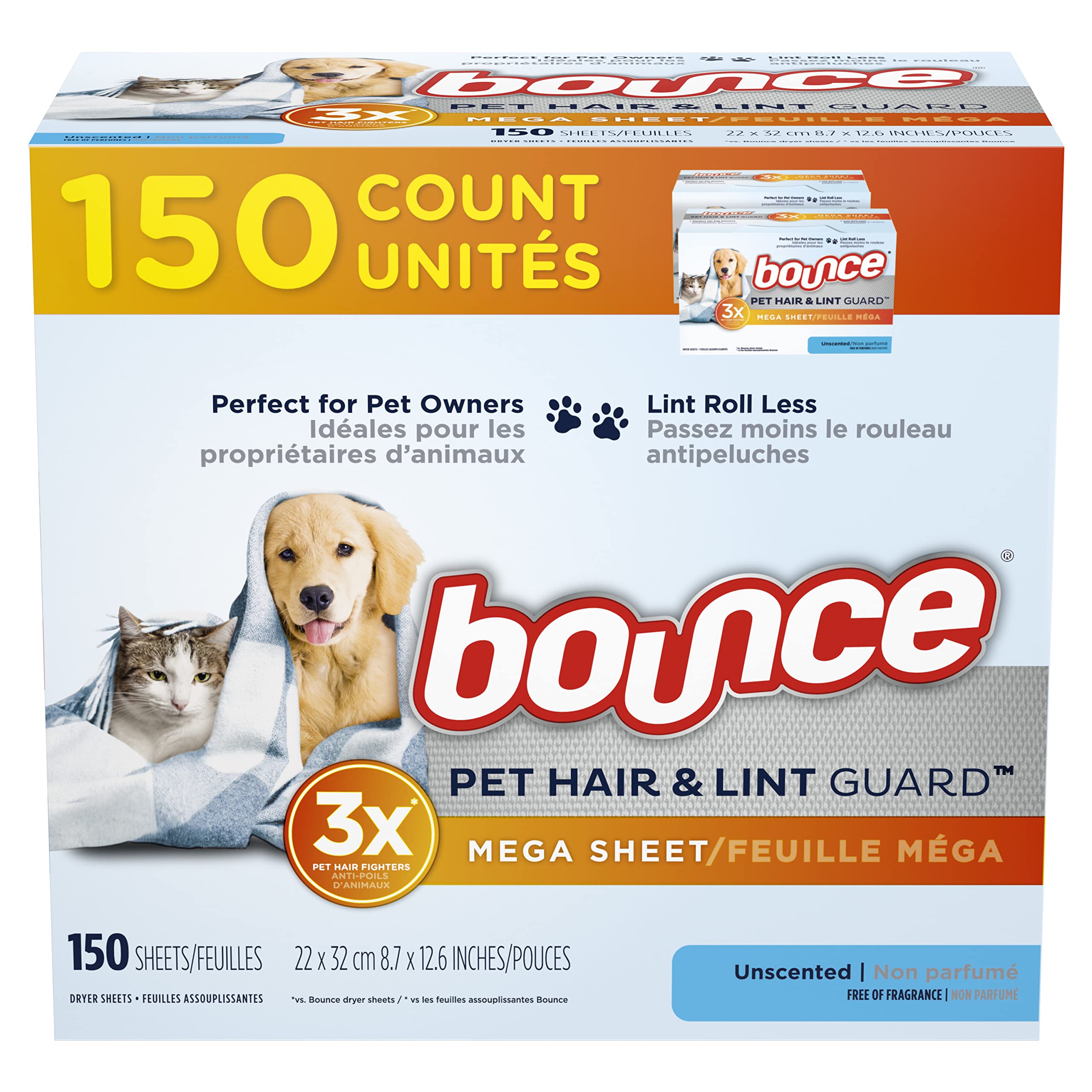 Bounce Pet Hair and Lint Protector, Mega Fabric Softener Dryer Sheets with 3 Pet Hair Fighters, Odourless, Pack of 150