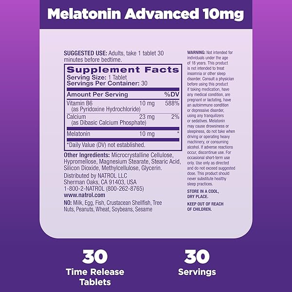 NATROL MELATONIN ADVANCED SLEEP TABLETS WITH VITAMIN B6, HELPS YOU FALL ASLEEP FASTER, STAY ASLEEP LONGER, 2-LAYER CONTROLLED RELEASE, 100% DRUG-FREE, MAXIMUM STRENGTH, 10MG, 30 COUNT