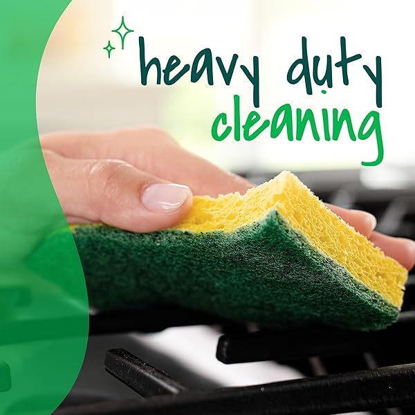 SCOTCH-BRITE HEAVY DUTY SCRUB SPONGE, 9 KITCHEN SPONGES DESIGNED FOR TOUGH MESSES IN THE KITCHEN THAT LAST 3X LONGER*, BEST FOR CAST IRON SKILLETS AND OUTDOOR GRILLS, FLEXIBLE, DURABLE, AND STRONG