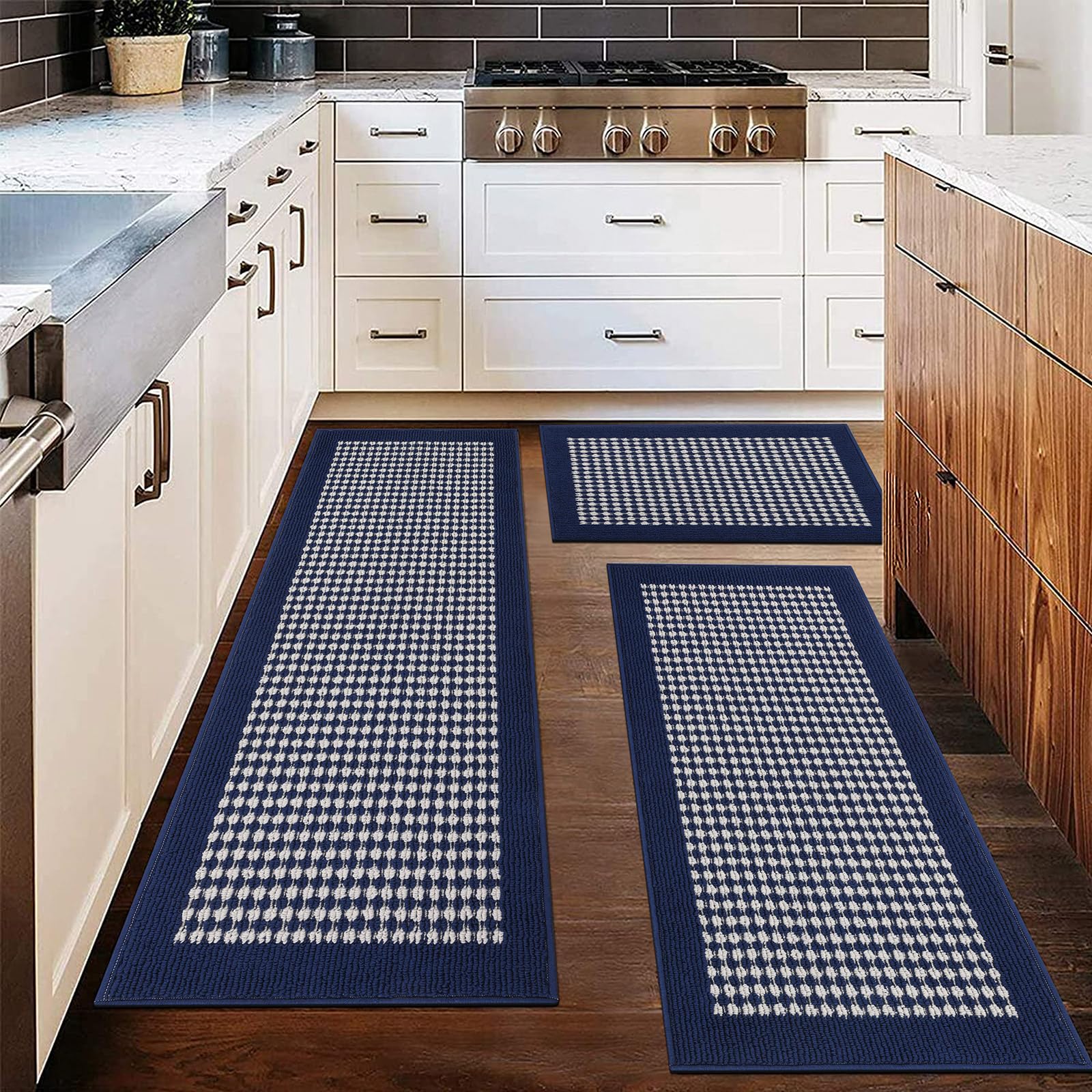 Photo 1 of Ileading Kitchen Mat Sets 3 Piece Minimalist 3D Lattice Kitchen Floor Rugs with Non Slip Rubber Backing Machine Washable Farmhouse Runner Rugs for Laundry Hallway Doormat(Navy)