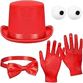 Vertintong 4 Pcs Red Top Hats for Men Accessory Sets Bow Tie Gloves and a Pair of Fur Ball Eyes for Halloween Cosplay Party Performances Supply