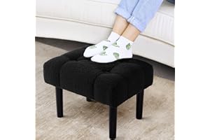HOUCHICS Fur Padded Foot Stool, Small Ottoman Foot Rest with Wooden Legs,Modern Rectangle Chair Foot Rest Foot Step Stool for Living Room, Couch, Desk(Black)