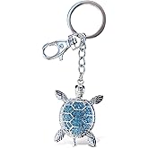Aqua79 Blue Sea Turtle Keychain - Silver 3D Sparkling Charm Rhinestones Fashionable Stylish Metal Alloy Durable Key Ring Bling Crystal Jewelry Accessory with Clasp