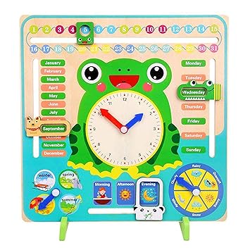 WISHKEY 7 in 1,Wooden Calendar Clock Preschool Educational Learning Toy for Kids
