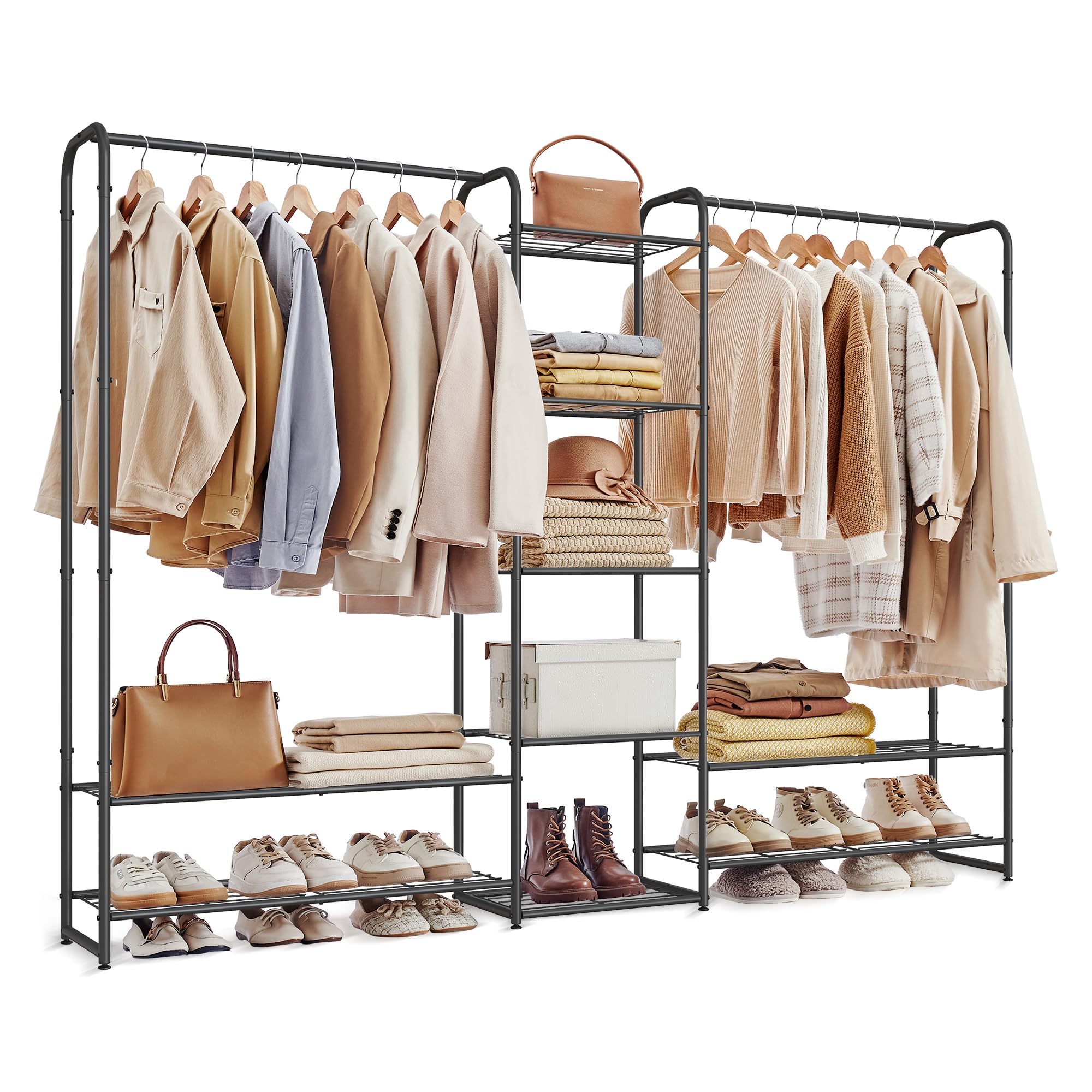 SONGMICS Kleiderständer, offener Kleiderschrank, Kleiderstange, Garderobenständer mit Ablagen, Garderobe aus Metall, freistehend, 29 x 183 x 158,4 cm, mattschwarz LGR463B01