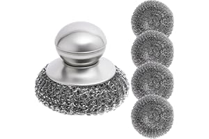 MSLOVE Steel Wool Scrubber with Handle, 5Pcs Stainless Steel Scrubber Set, Metal Pan & Pot Cleaner for Cast Iron, Grill, Stove, Oven, Sink, Stubborn Messes (1 Handle +4 Pads)​