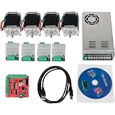 4 Axis Nema23 Stepper Motor Driver USB Mach3 CNC Motion Controller Kit 24V | 76mm 270oz-in 1.8N.m 3A, TB6600 16 Subdivisions, 4-Axis Motion Control Card for Small CNC Router Engraving Milling Machine