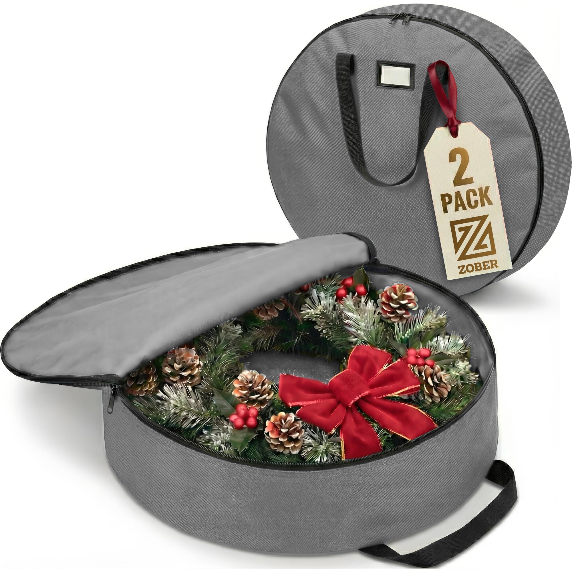 ZOBER 2 Pack Oxford Christmas Wreath Storage Container 48 Inch - Wreath Bag for Artificial Wreaths Box - Waterproof Fabric, Dual Zippered Wreaths Storage Bag With Strong Durable Handles - Gray Image
