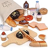 PairPear Wooden Bakery Toy Food Playset for Kids Kitchen, 22 PCS Play Food Kitchen Toys for Toddler 3+, Play Kitchen Accessories with Shopping Bag, Cutting Food Toys Gift for Boys and Girls