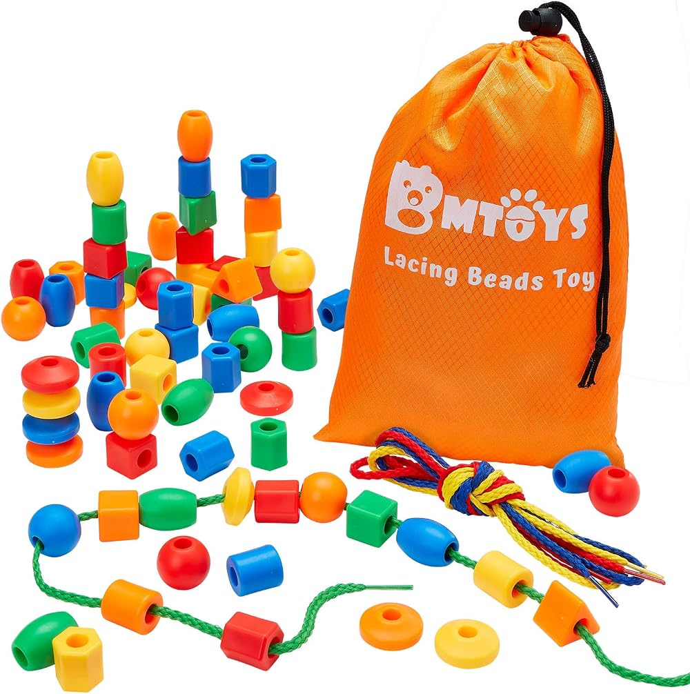 BMTOYS Threading Beads 70 pc Lacing Beads Montessori Toys Travel Bag