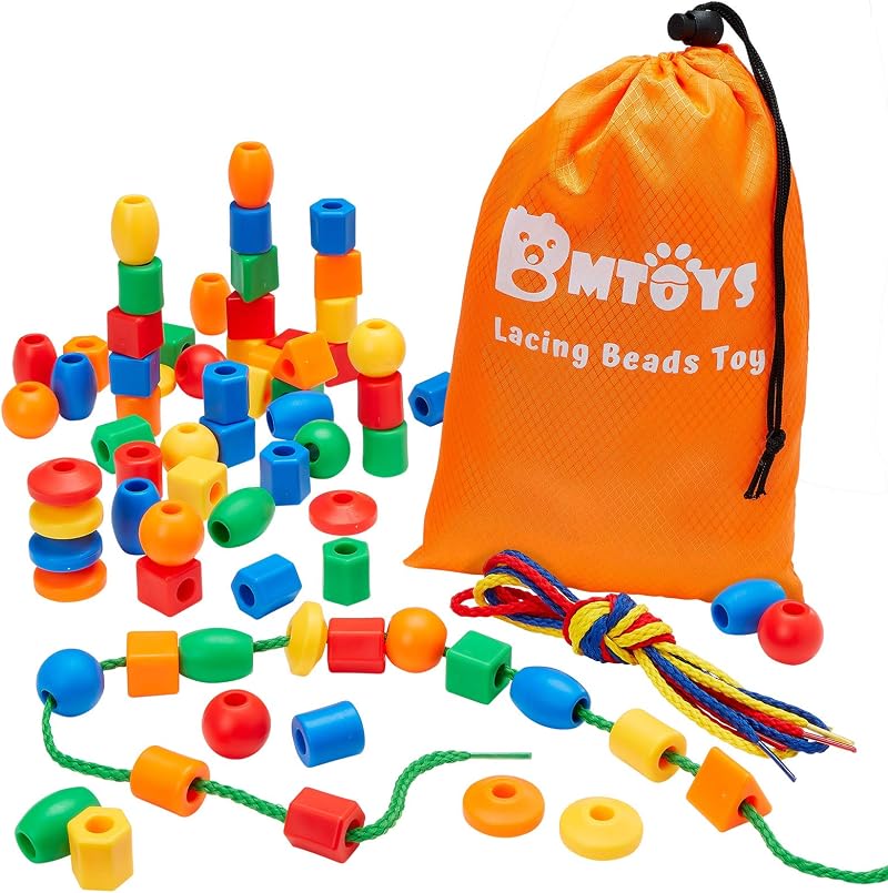 BMTOYS Threading Beads 70 pc Lacing Beads Montessori Toys Travel Bag
