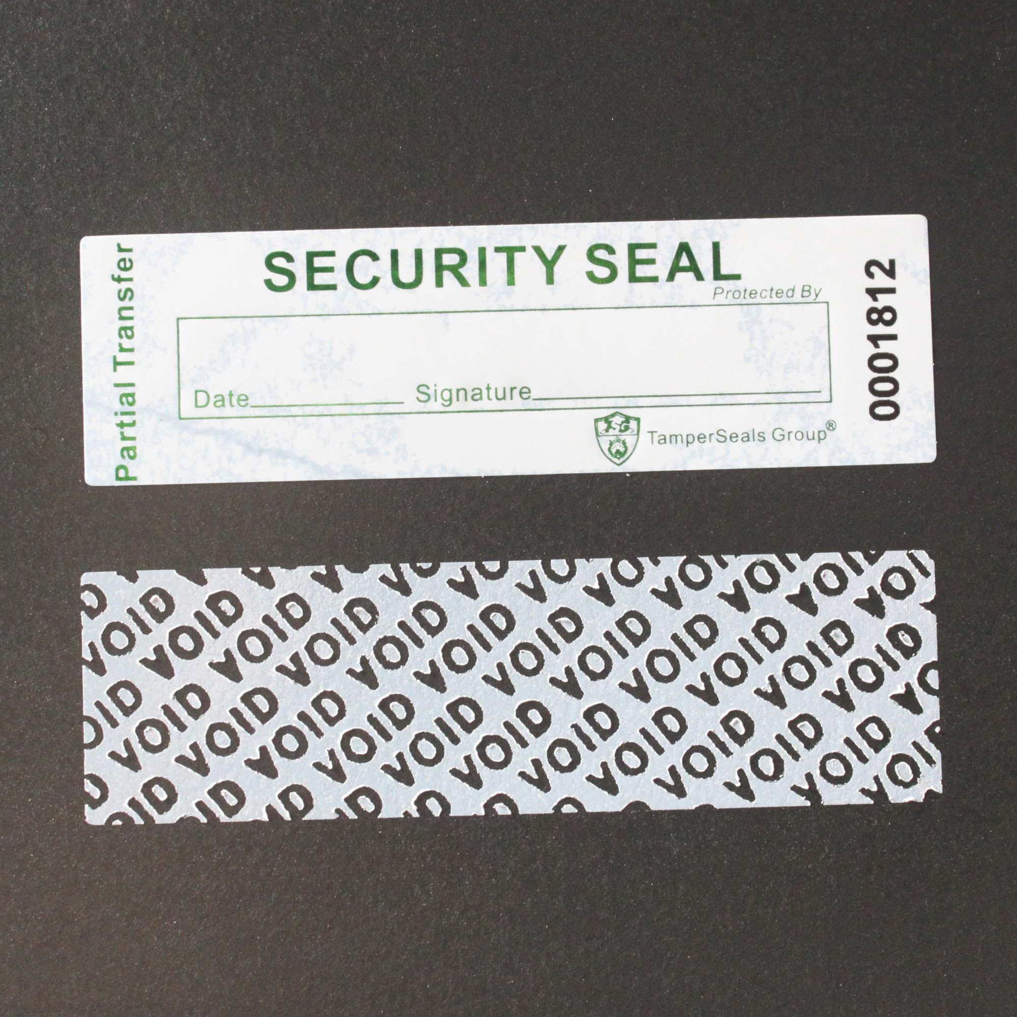 TamperSeals Group - 100pcs Partial Transfer Tamper Proof Security Warranty Void Stickers/Labels/Seals with Holographic Laser Print (White, 1 x 3.35 Inches, Serial Numbers)