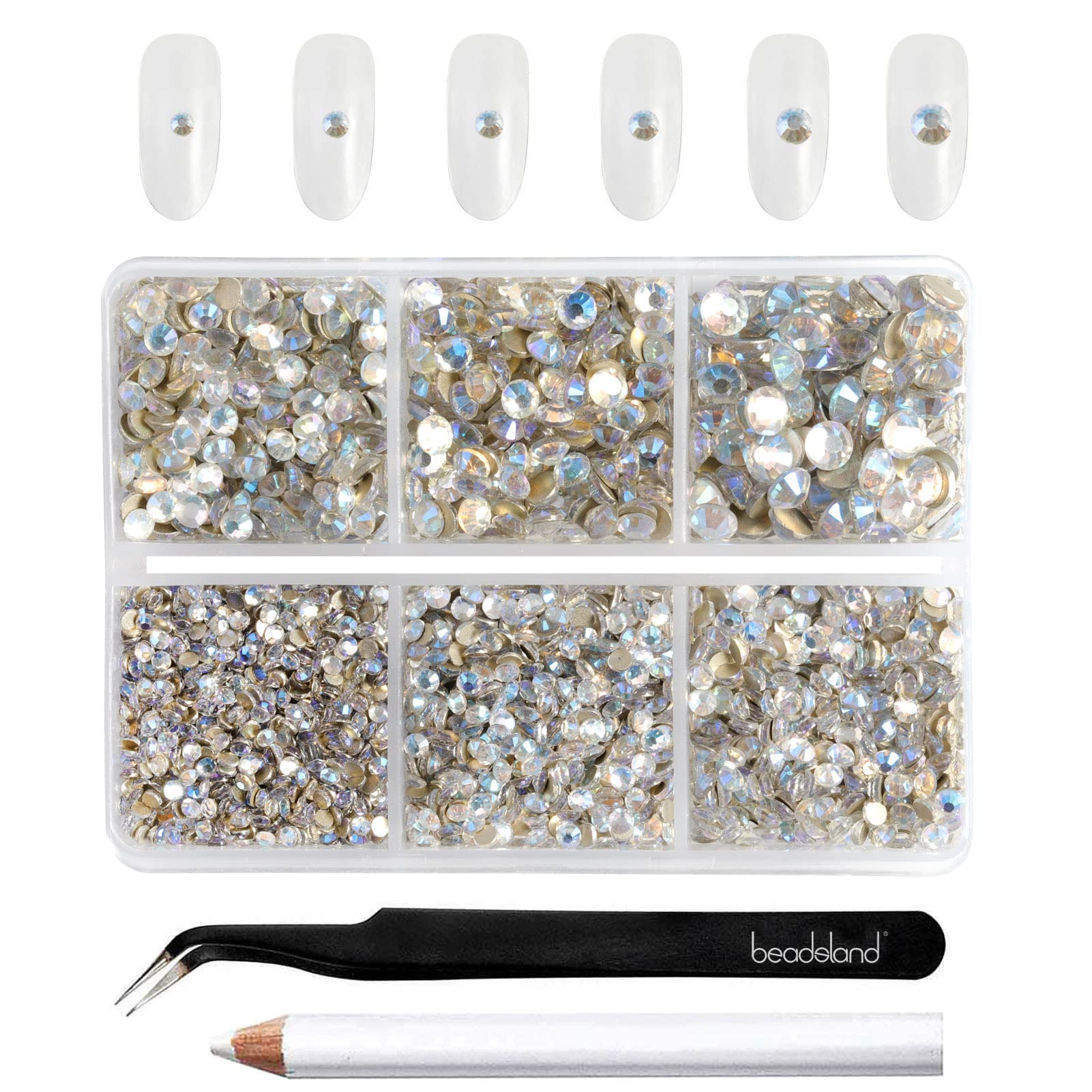 Beadsland 4300pcs Flatback Nail Rhinestones,Glass Rhinestones Nail Gems Round Crystal for Crafts,Mixed 6 Sizes with Picking Tweezers and Wax Pencil Kit, SS6-SS20,Blue Moonlight — image 1